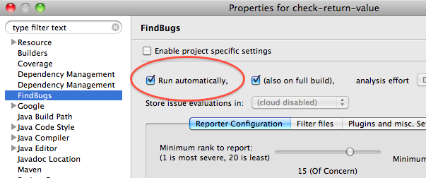 Enabling "Run automatically" in the FindBugs plugin